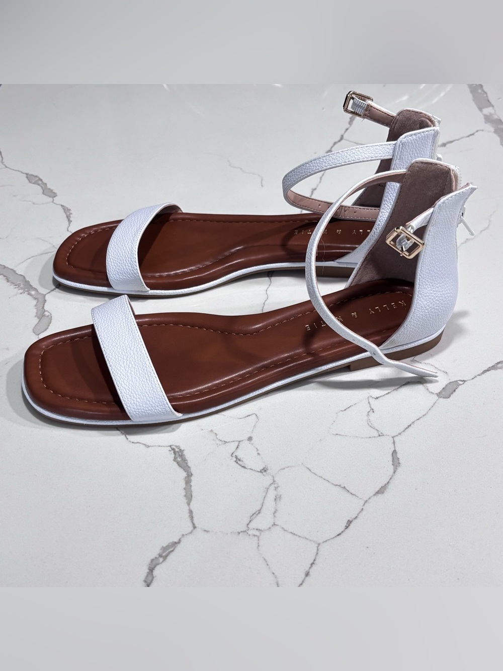 Kelly & Katie Nymie White Ankle-Strap Flat Back Zipper Sandals Women’s 9 - Picture 2 of 12